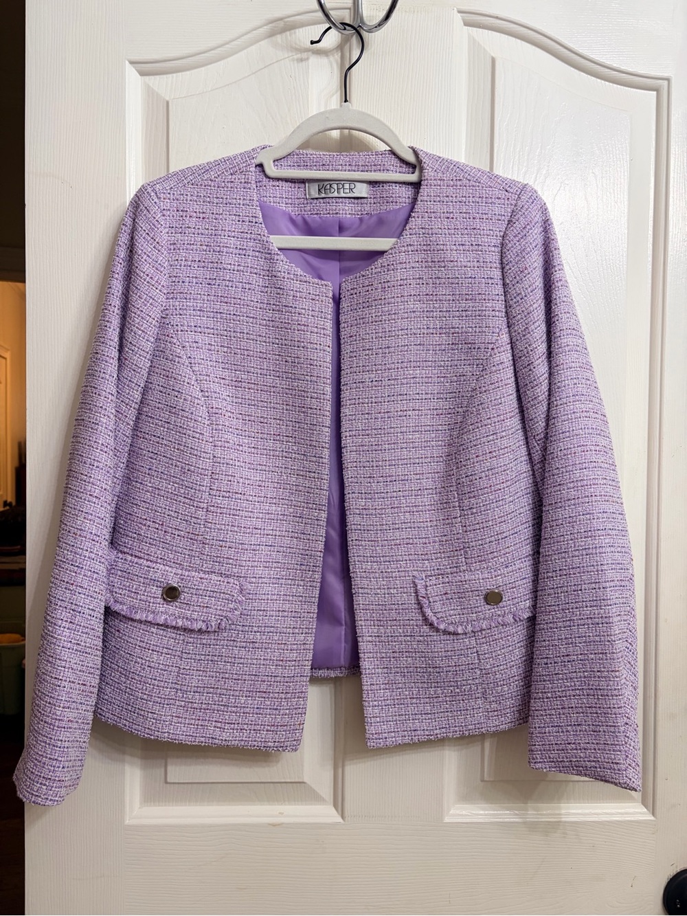 Kasper Light Lavender Tweed Collarless Blazer
